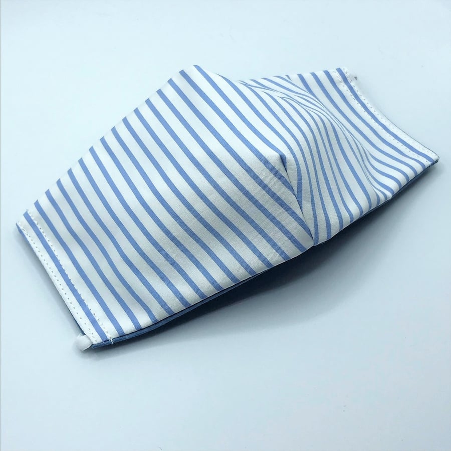 Blue Striped Triple Layered Face Mask. Double Sided. Cotton Fabric.