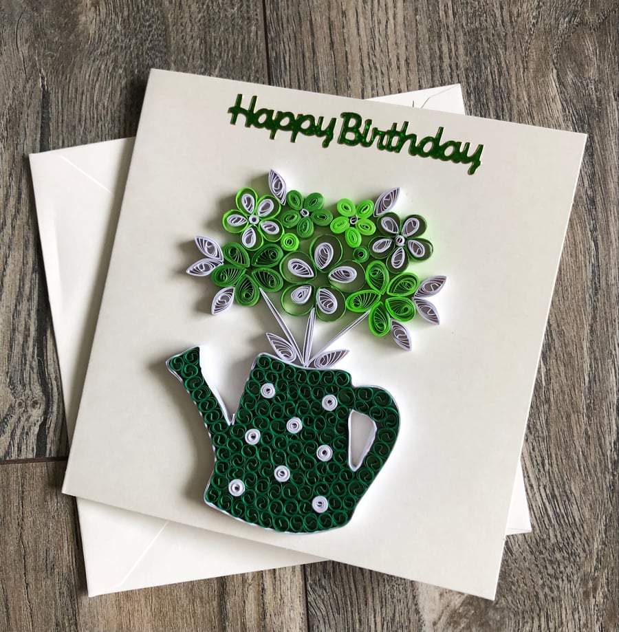 Handmade quilled watering can green happy birthday card