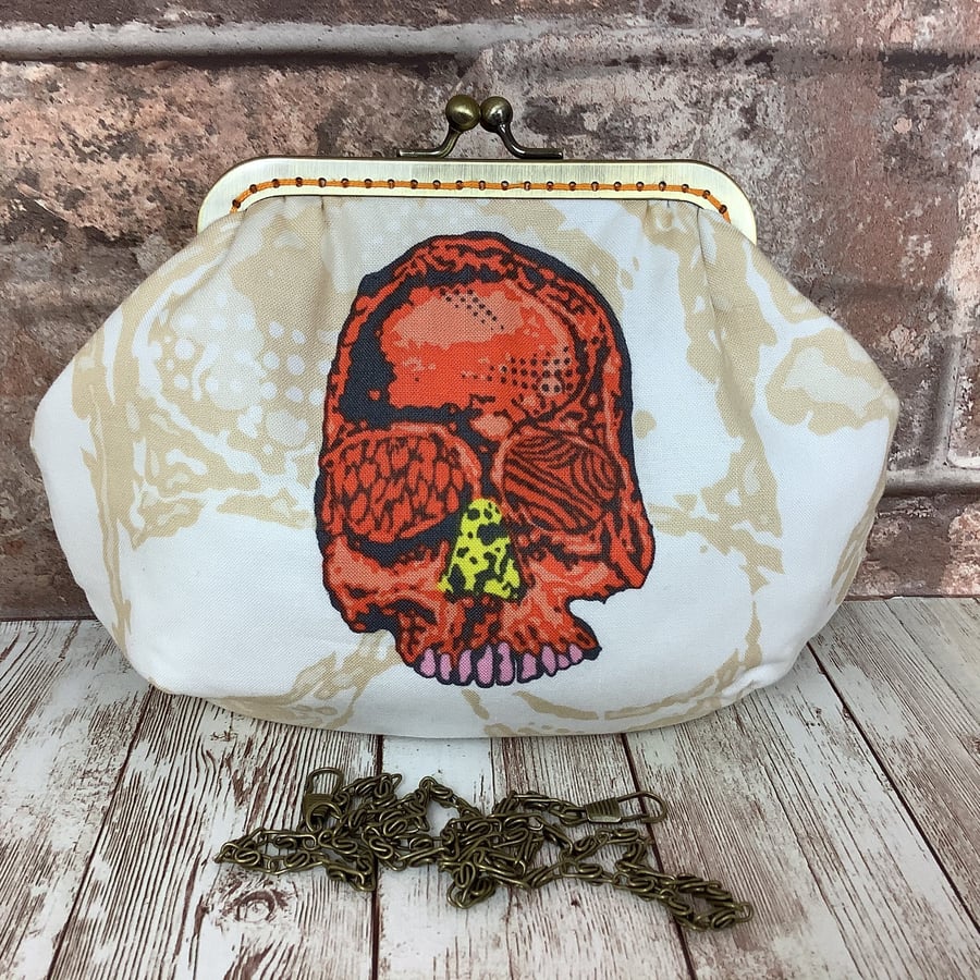 Gothic Skulls small fabric frame clutch makeup bag handbag purse 