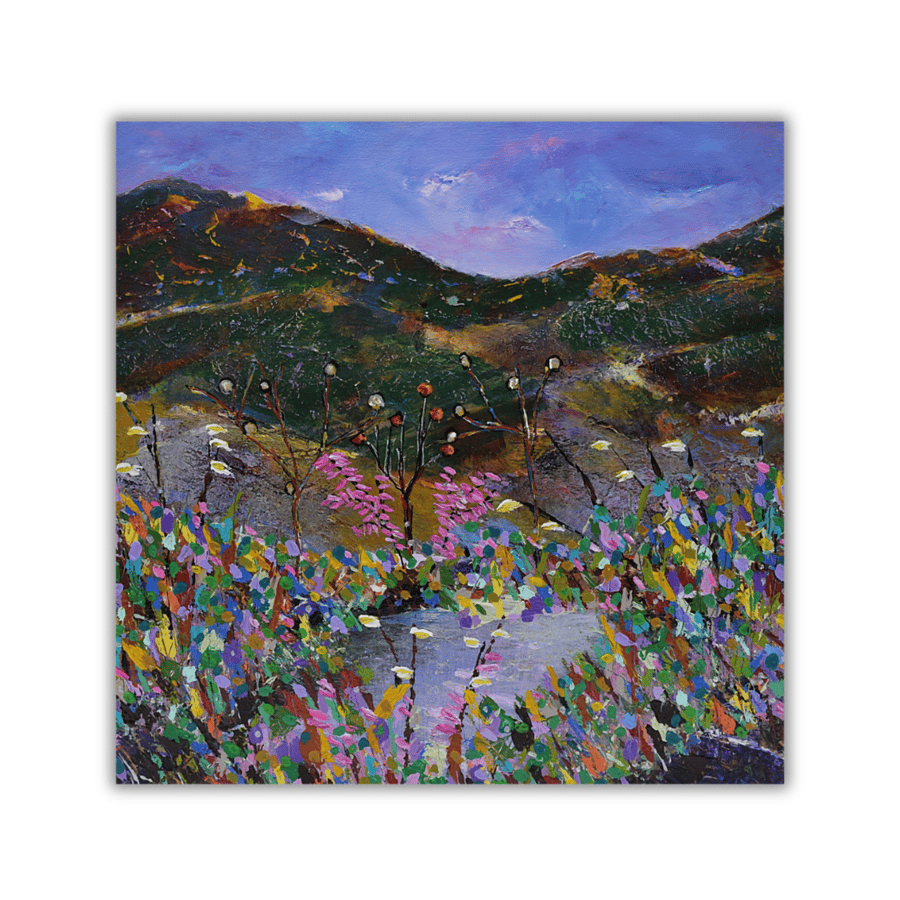 Framed landscape - acrylic - mountains - loch - wildflower painting - Scotland