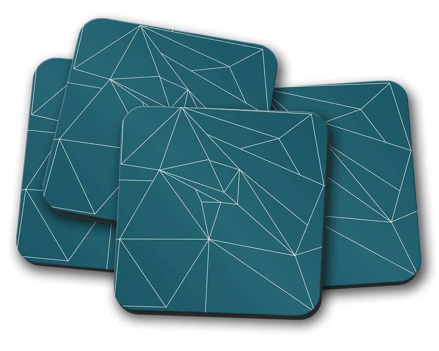 Set of 4 Teal Coasters with a White Line Geometric Design, Drinks Mat