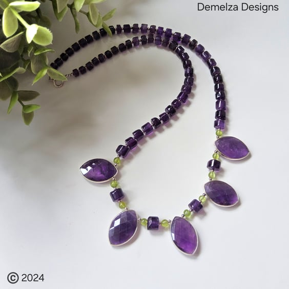 Designer Natural Zambian Amethyst & Peridot Sterling Silver Necklace