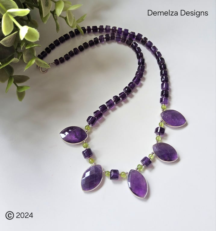 Designer Natural Zambian Amethyst & Peridot Sterling Silver Necklace