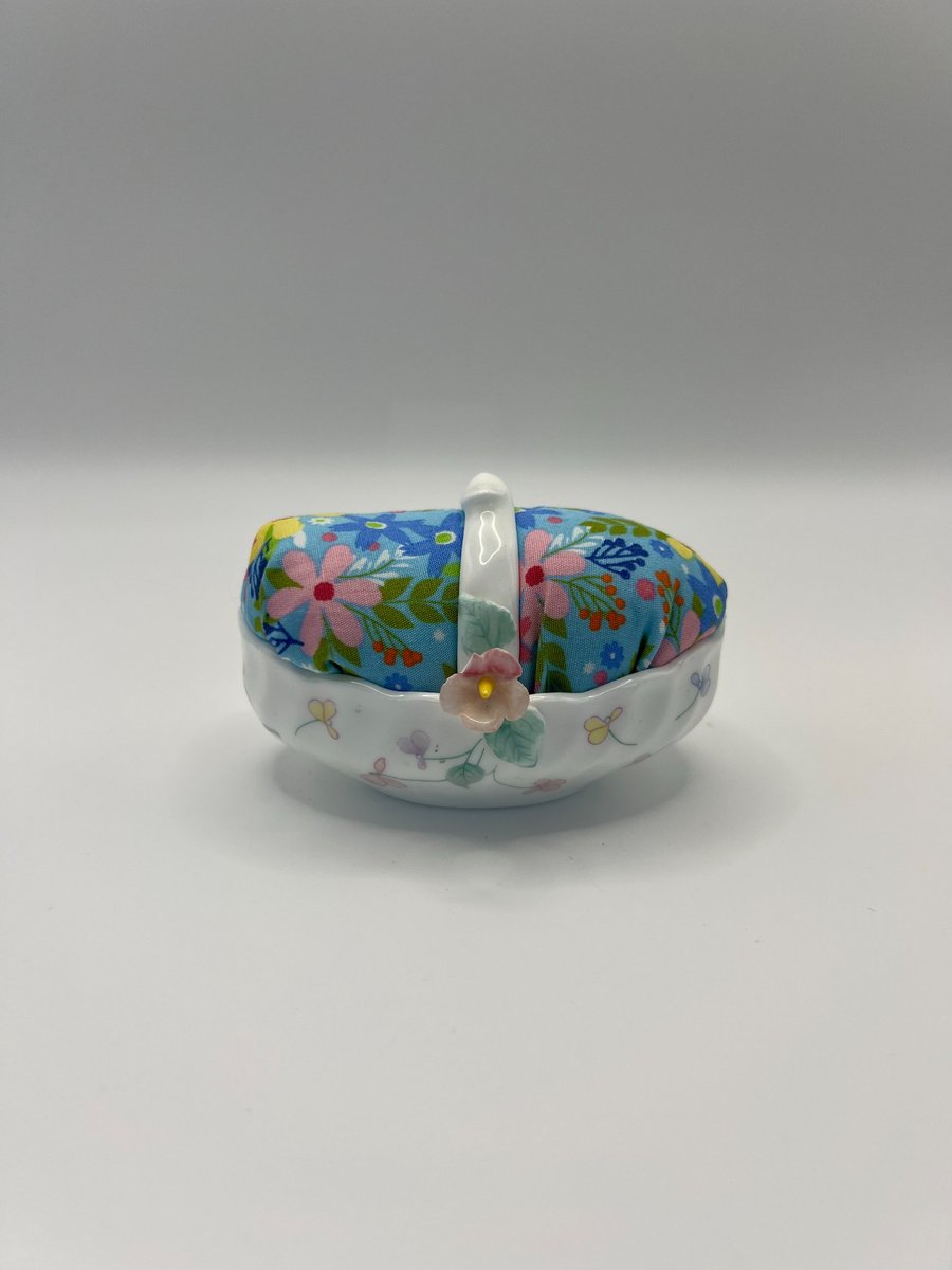 Vintage Upcycled Floral Decorative Basket Pin Cushion