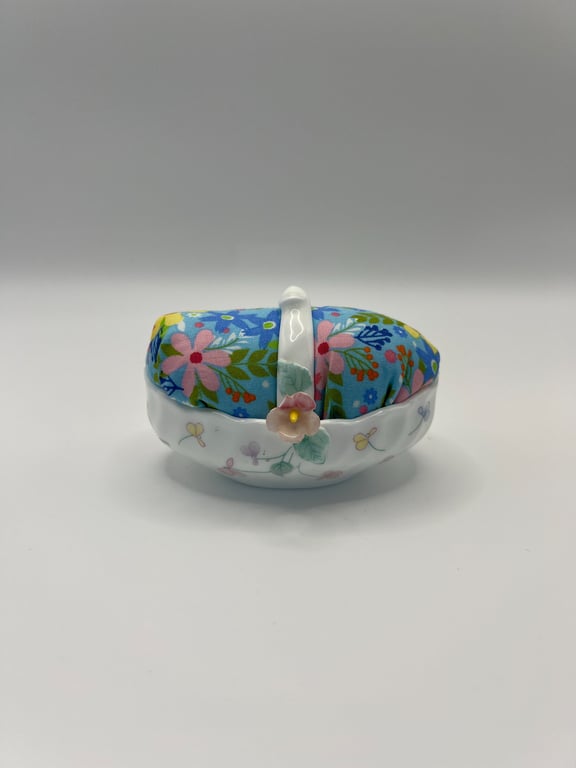 Vintage Upcycled Floral Decorative Basket Pin Cushion