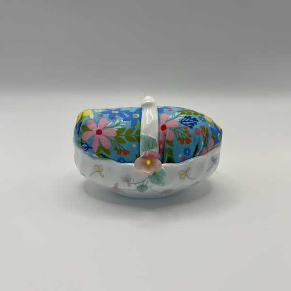 Vintage Upcycled Floral Decorative Basket Pin Cushion