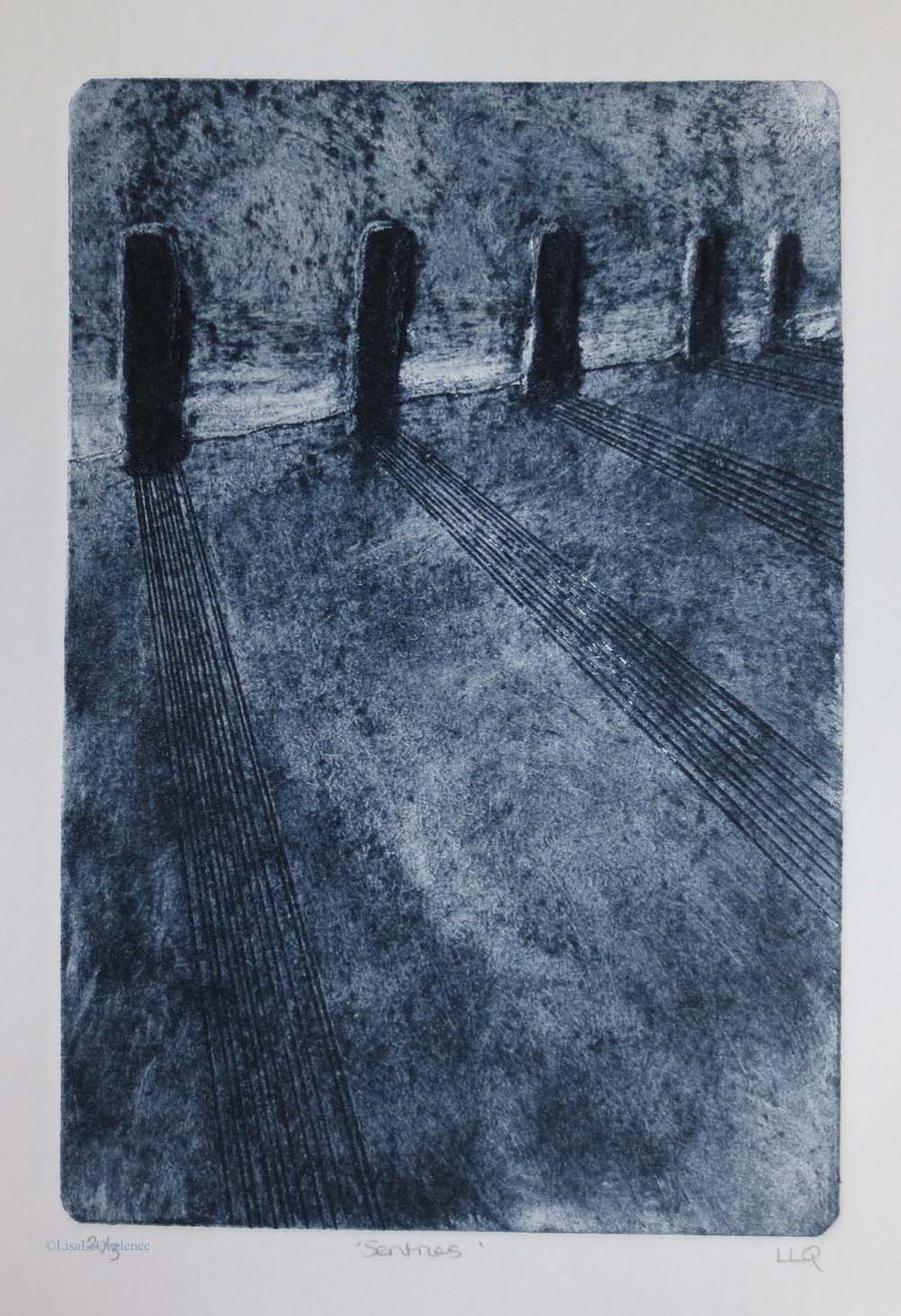 Original collagraph of sea defences making shadows on the sand Sentries 2 of 3