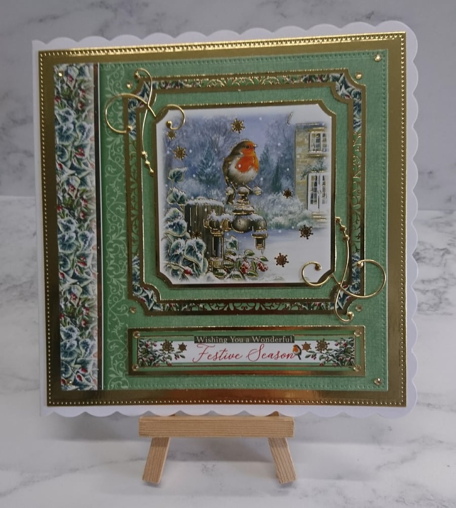 Handmade Christmas Card Festive Season Robin Garden Tap Snow
