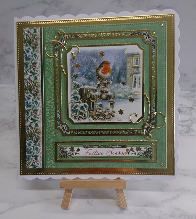 Handmade Christmas Card Festive Season Robin Garden Tap Snow