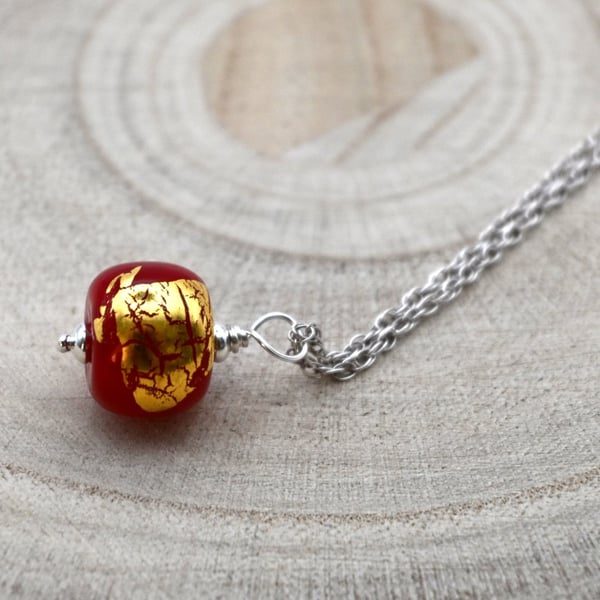 red and gold leaf glass pendant necklace