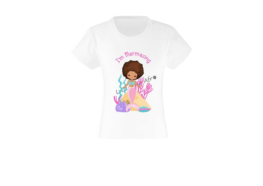 Girls Afro Mermaid Custom printed T Shirt