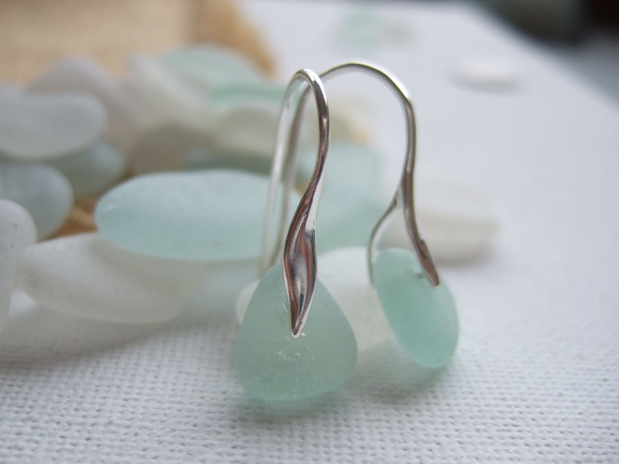 Sterling silver sea glass earrings, Scottish sea glass sea foam, wave shaped