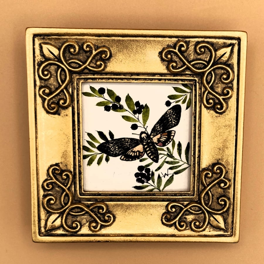 Hawk moth & florals, Miniature original painting mixed media framed & signed 