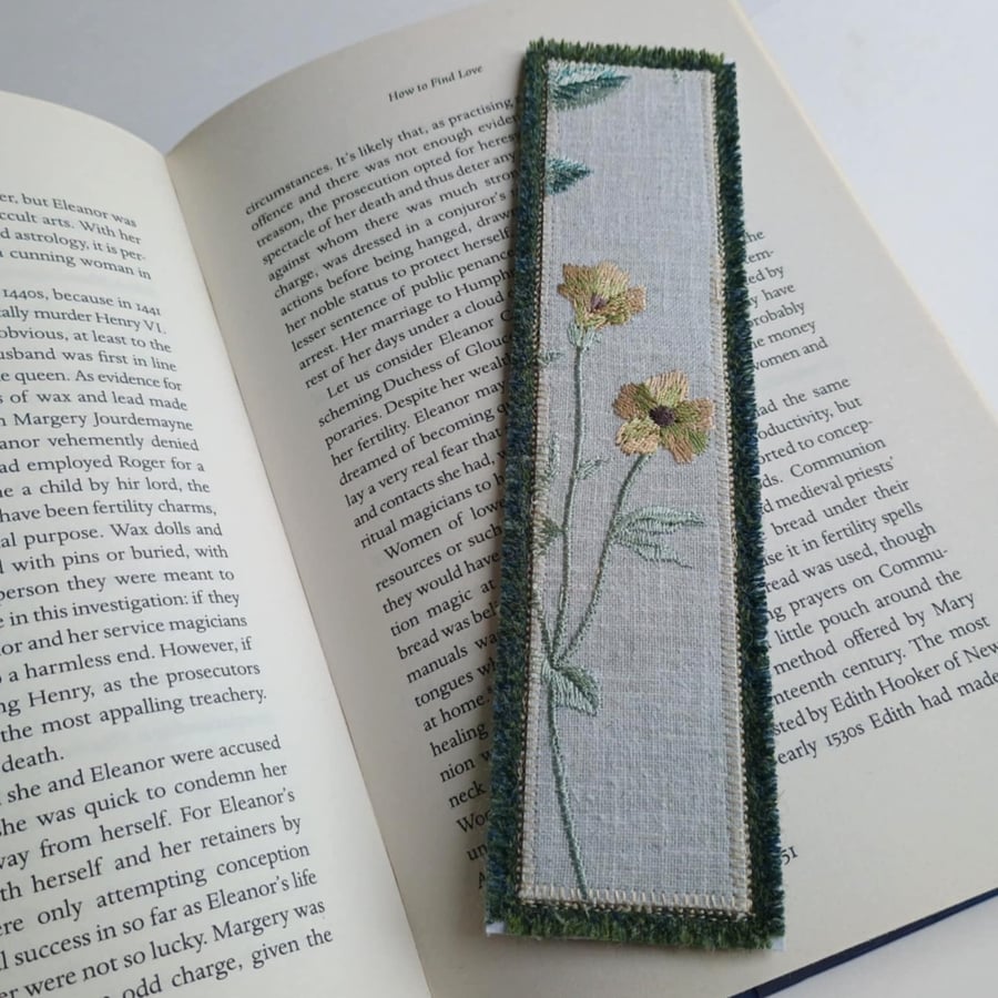Textile bookmark - green flower embroidered curtain, wool and velvet fabrics