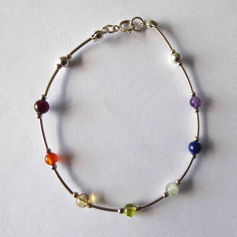 Sterling Silver and Gemstone Bracelet with Rainbow coloured Chakra Crystals