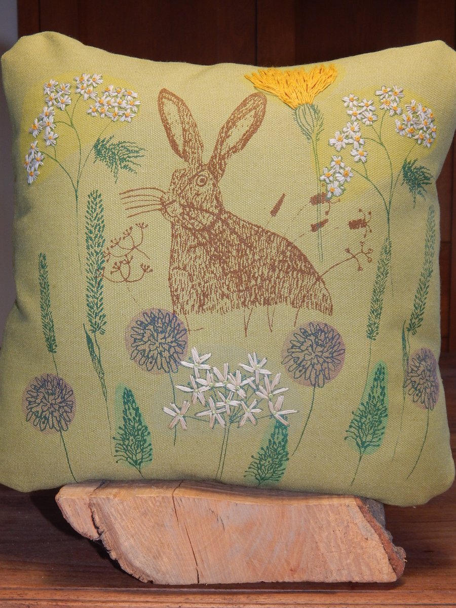 Green - Screen printed Hare and Hedgerow flowers