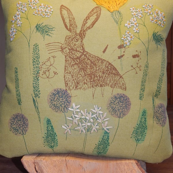 Green - Screen printed Hare and Hedgerow flowers