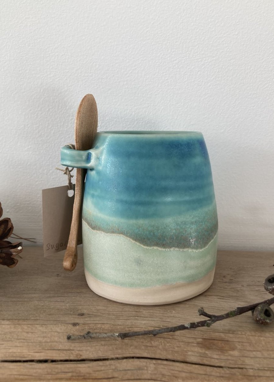 Ceramic handmade Sugar bowl - Glazed in turquoise and greens