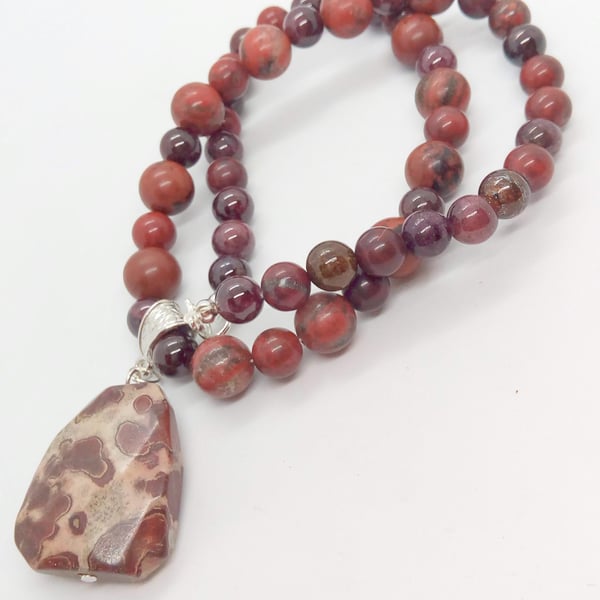 Shades of Brown & Beige Leopard Jasper Pendant on a Jasper and Obsidian Necklace