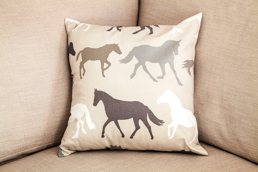 Horses Cushion Cover 18" inch Neutral Beige Grey Stallions Thoroughbreds Wild