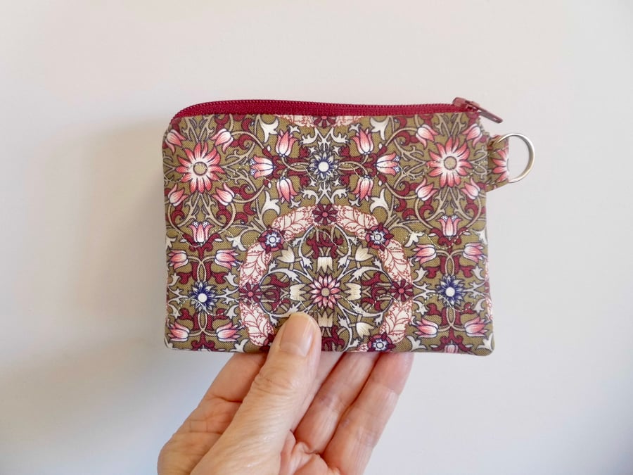 Coin purse in William Morris print fabric pink and brown