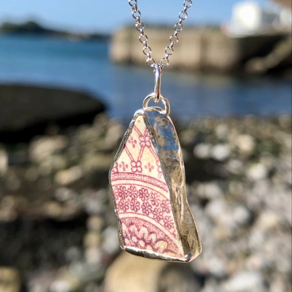 Red & White Sea Pottery and Sterling Silver Pendant - 1025