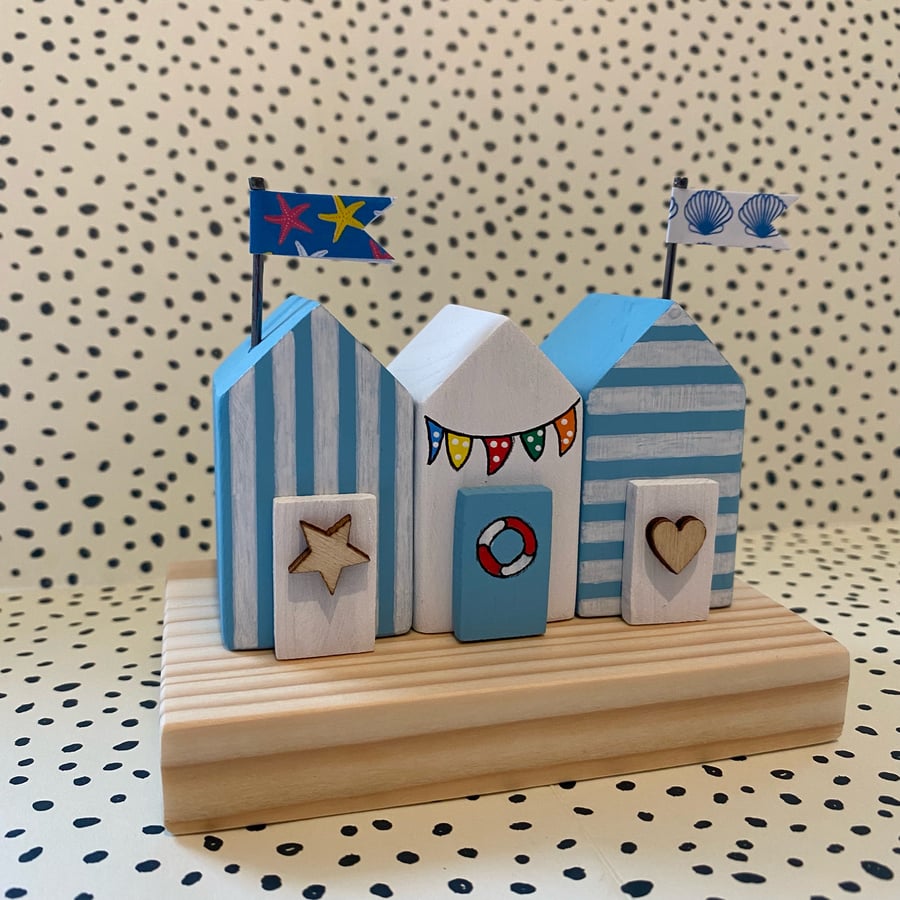 Pastel Wooden Beach Huts Ornament, gift for her him, seaside decor