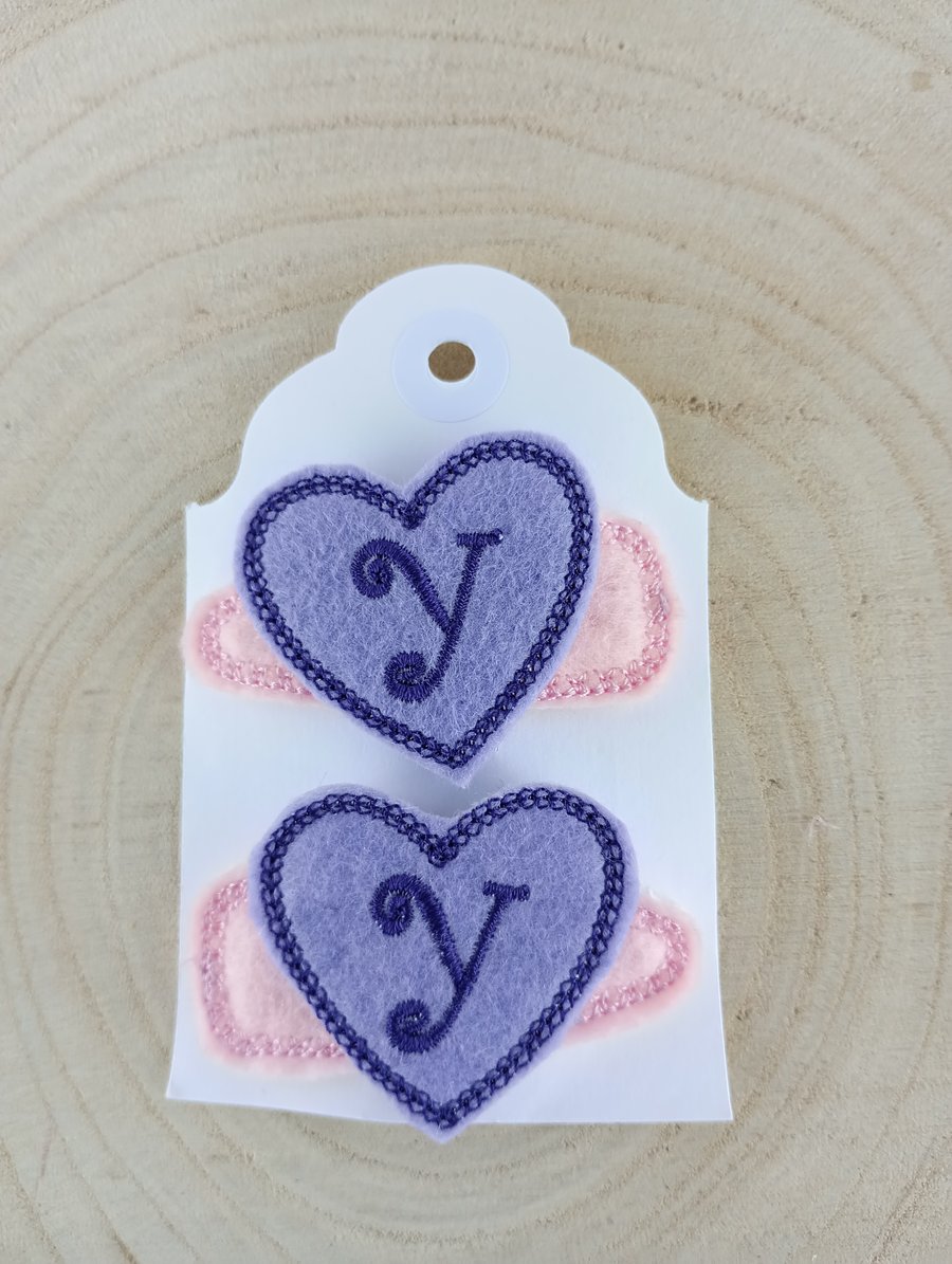 Initial Y Personalised Hair Clips Embroidered Letter Y In Purple Thread 