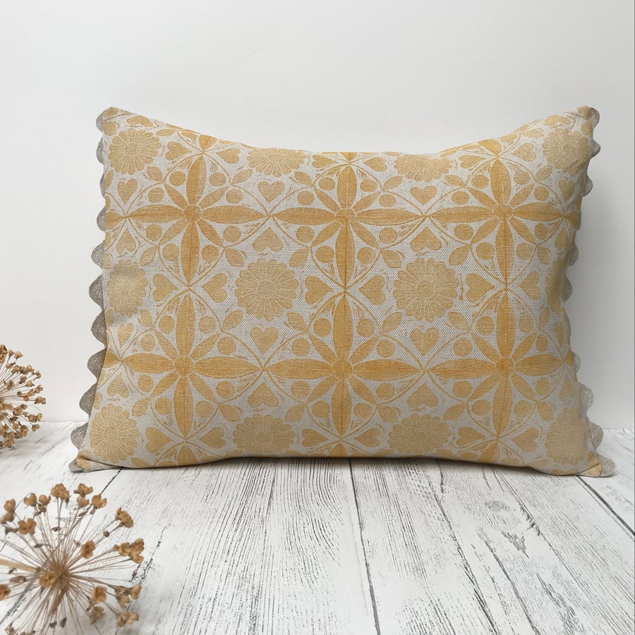 Hand Printed Linen Oblong Cushion - EIRA - Ochre Yellow