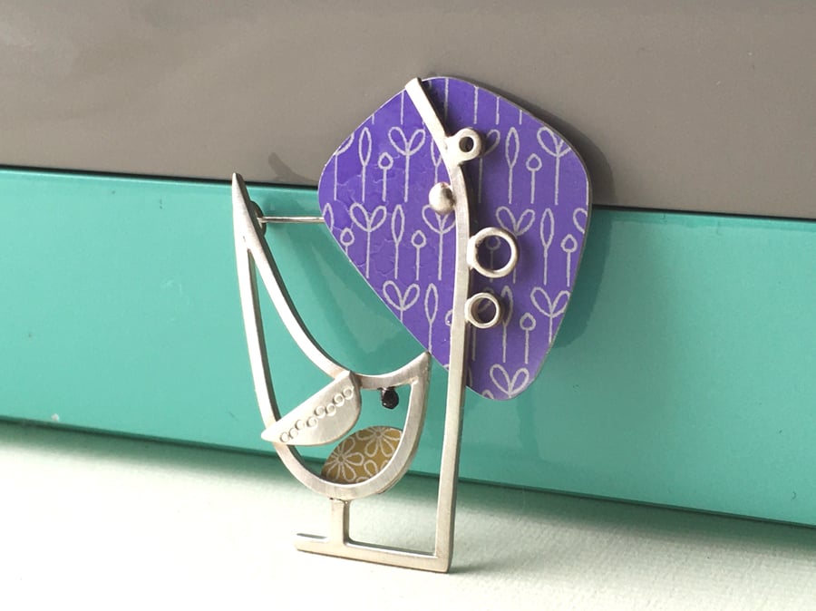 Little wren and tree brooch