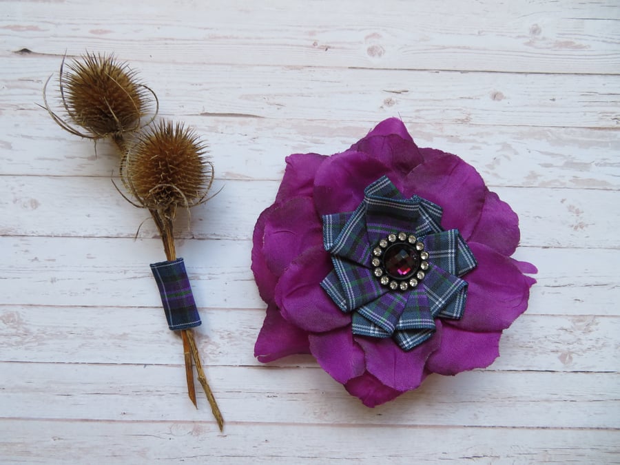 Pride of Bannockburn Purple Rose Tartan Flower Brooch Corsage Buttonhole 