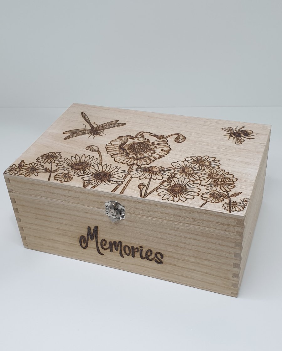 Memory box, wooden keepsake storage box - pyrography wildflowers, dragonfly, bee