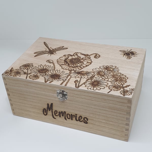 Memory box, wooden keepsake storage box - pyrography wildflowers, dragonfly, bee