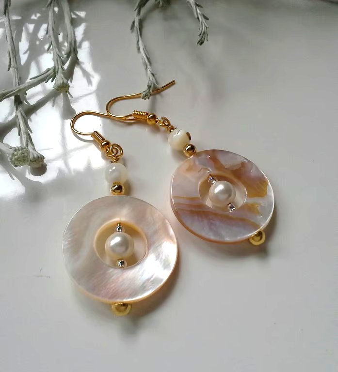  Statement,  Unique, Mother of Pearl & Shell Pearl Gold Plated Earrings