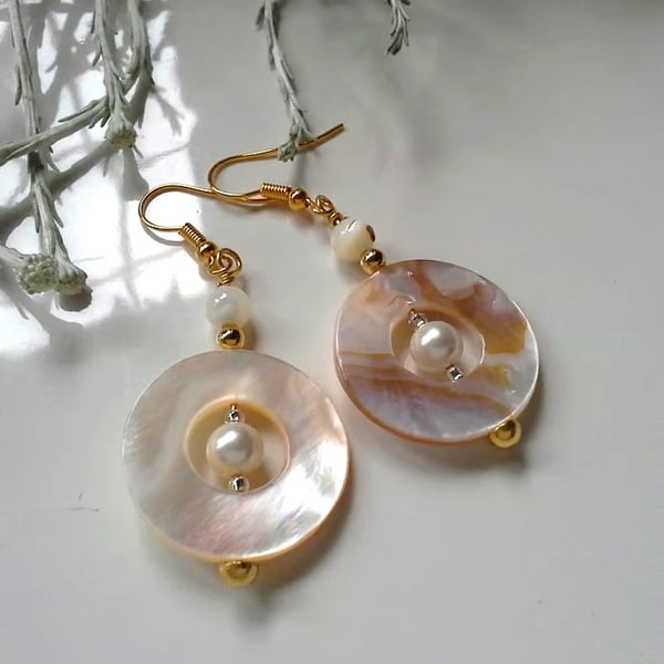  Statement,  Unique, Mother of Pearl & Shell Pearl Gold Plated Earrings