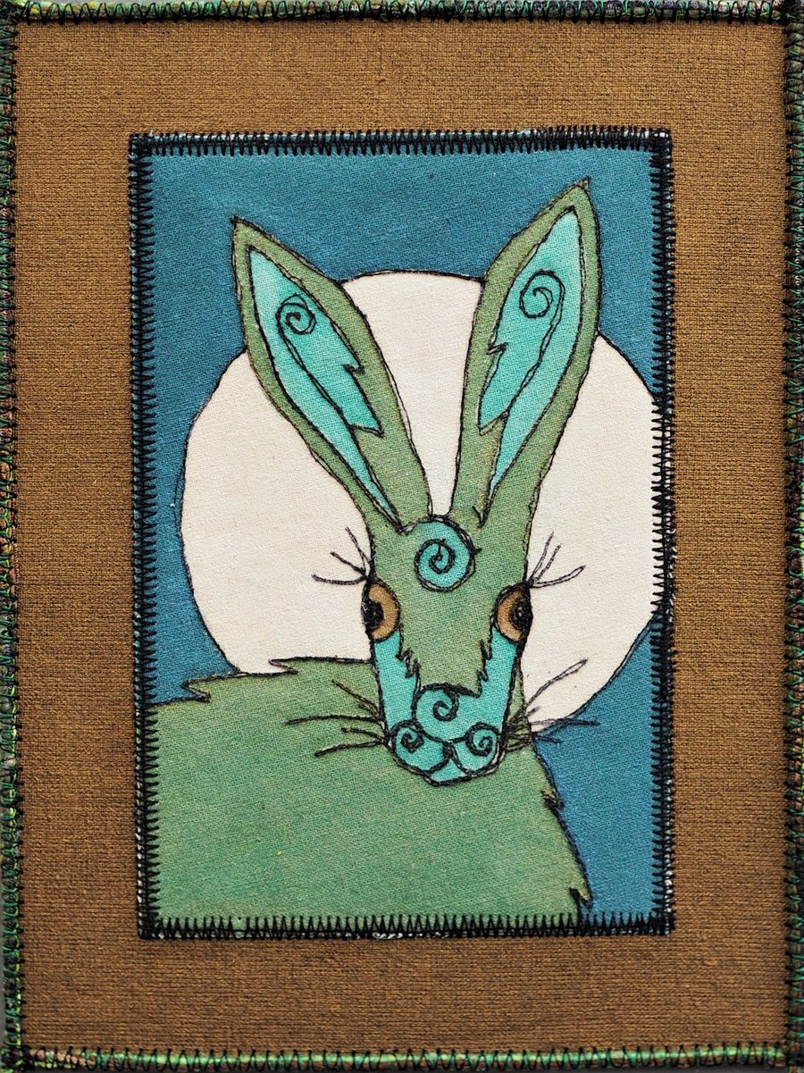 HHE1266 - Moon Hare - 15 x 20cm  - Dark Gold - Prussian Blue - Green