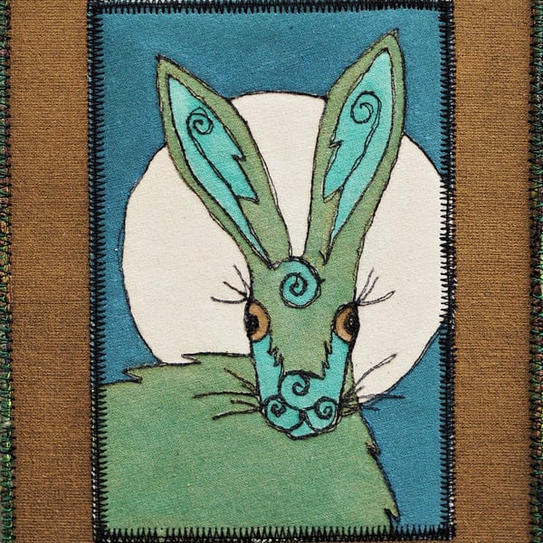 HHE1266 - Moon Hare - 15 x 20cm  - Dark Gold - Prussian Blue - Green