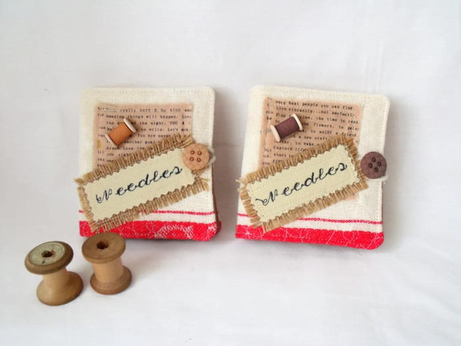 linen sewing needle case book, beige button and spool embellishment