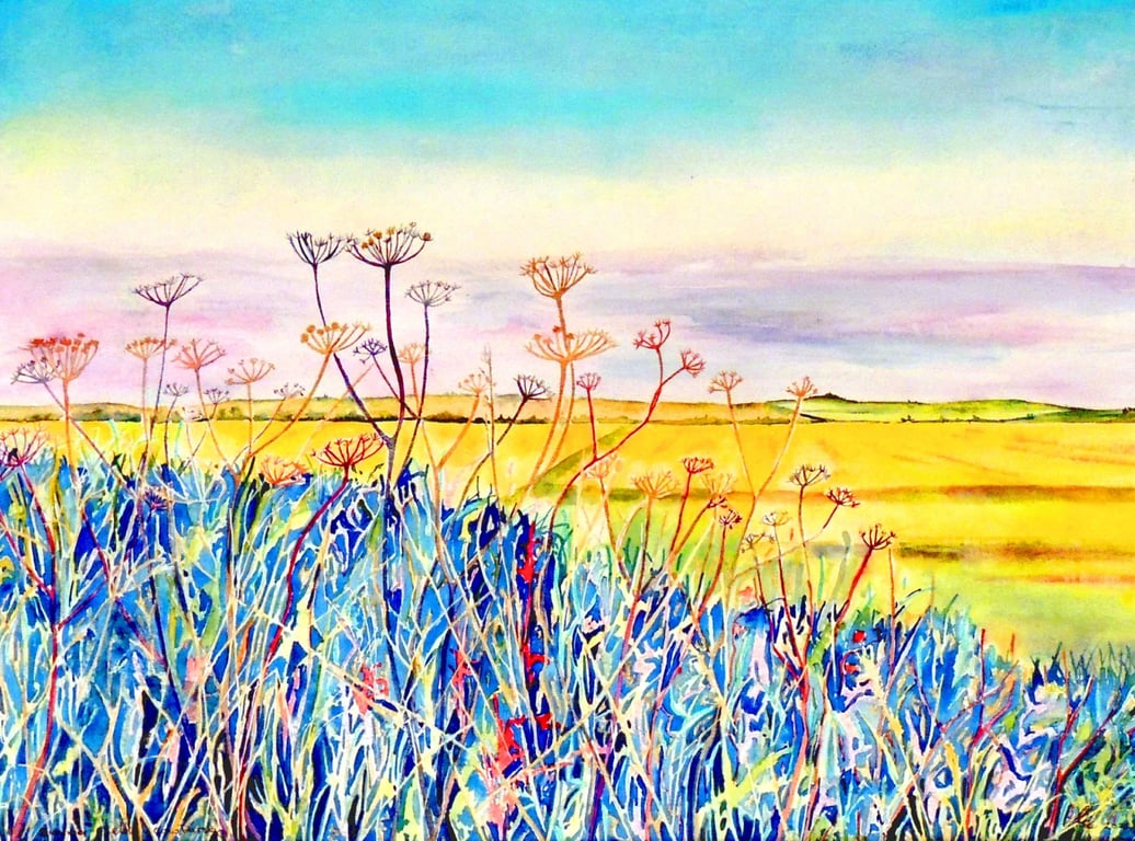 Fen Landscape Watercolour Original Painting of Summer Fields with Wild Flowers 