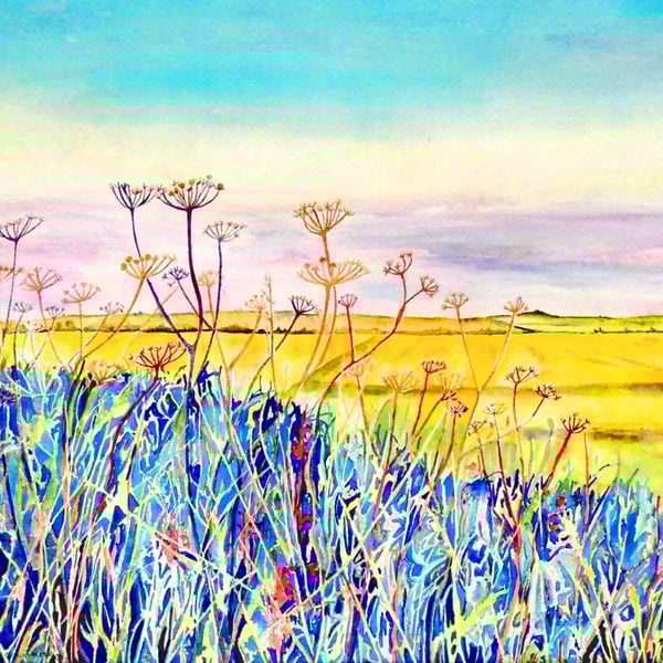 Fen Landscape Watercolour Original Painting of Summer Fields with Wild Flowers 