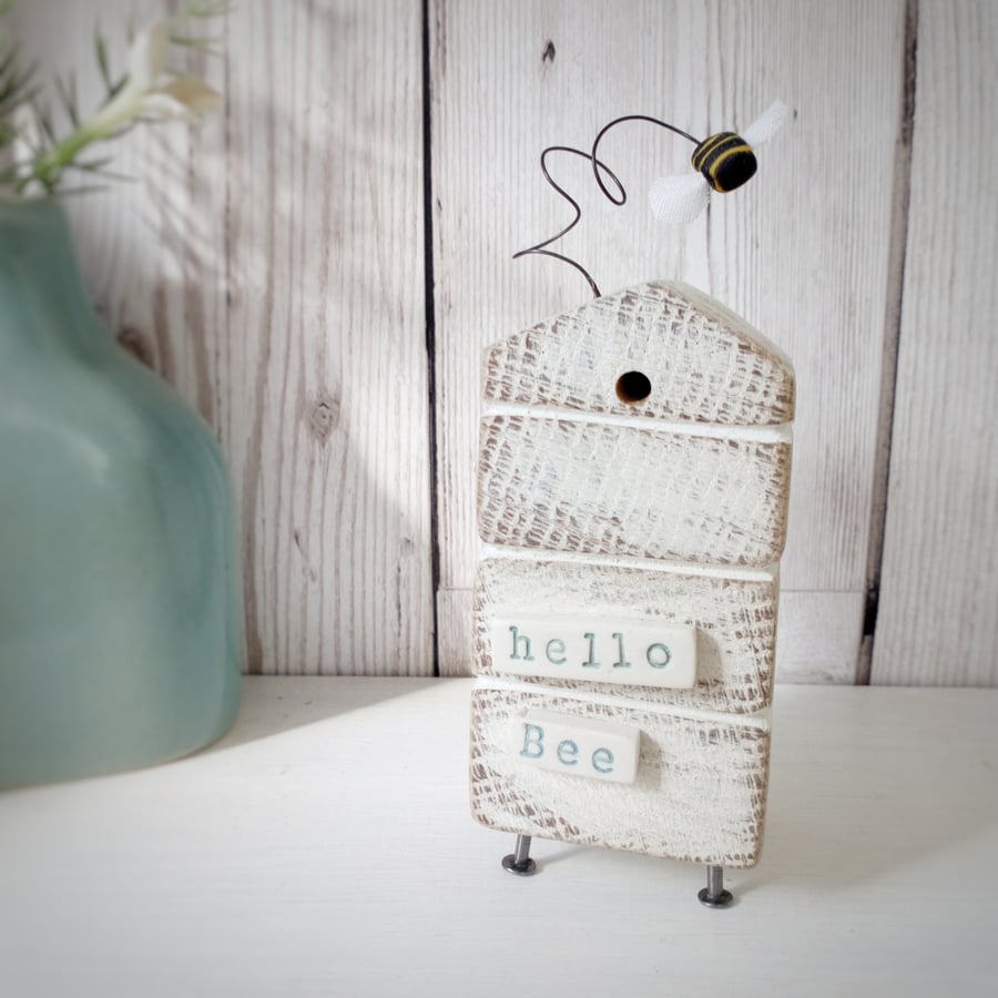 Wooden Beehive With Little Clay Bee 'Hello Bee'