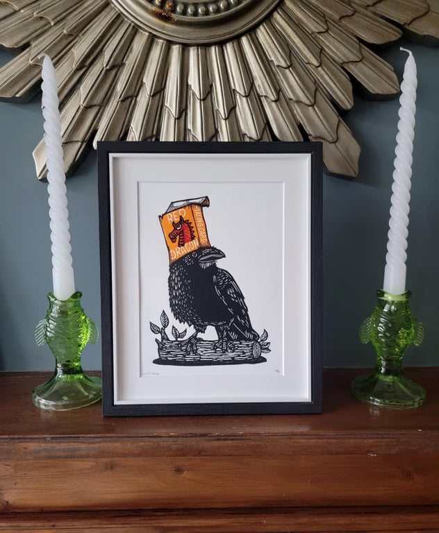 Lord Cribbage - handmade original linocut crow bird art print