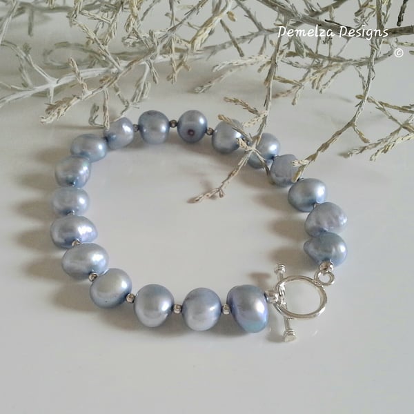 Silver Grey Large Borgue Freshwater Pearl Sterling Silver Bracelet