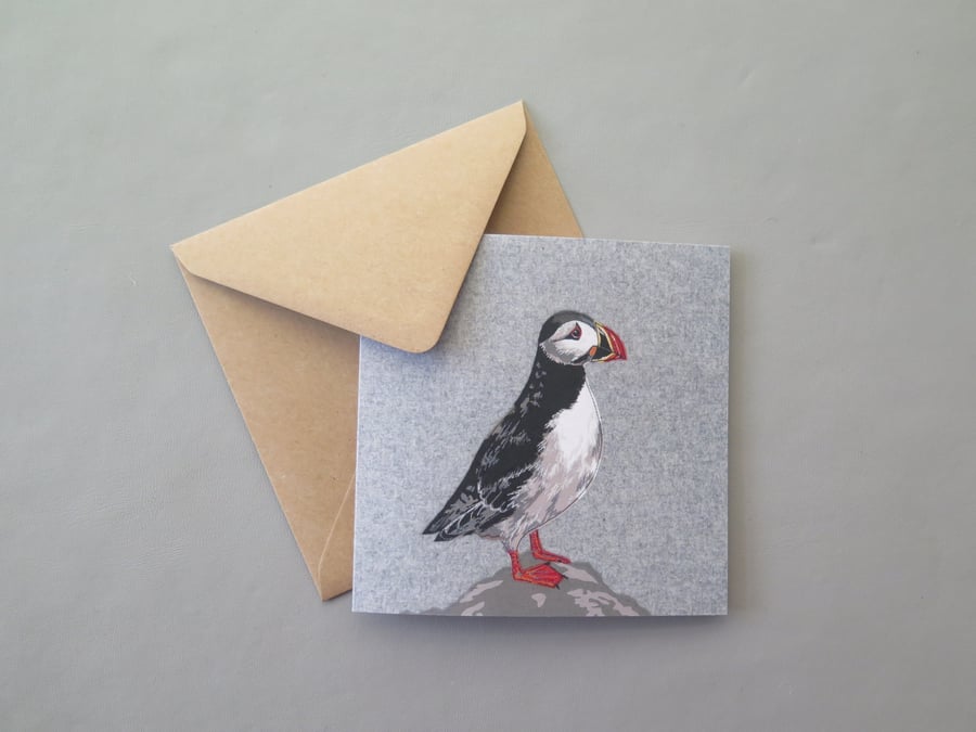 Puffin card, printed on recycled card, blank