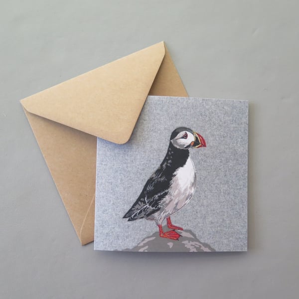 Puffin card, printed on recycled card, blank