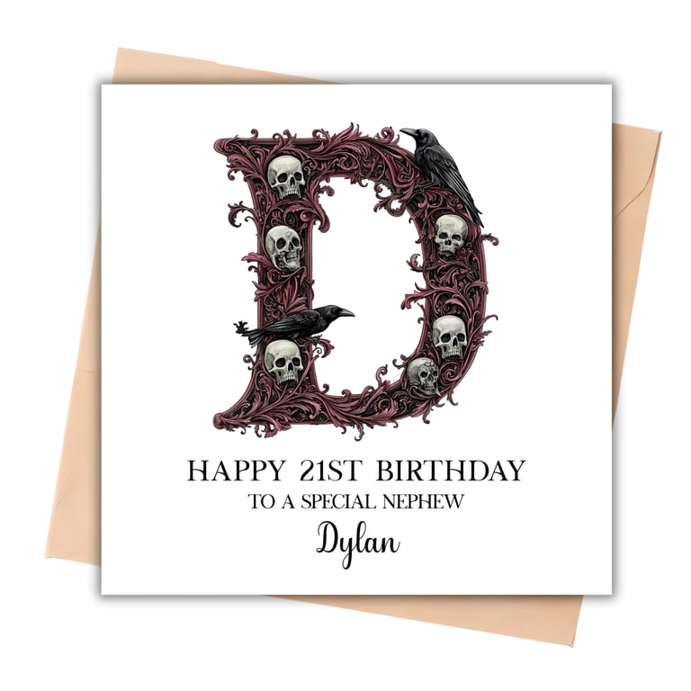 Any Initial - Skull Crow Initial Happy Birthday Card