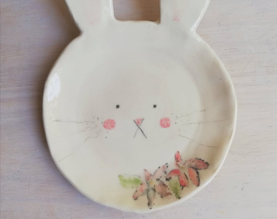 Ceramic bunny rabbit ring or trinket dish handmade pottery spoon rest bunny face