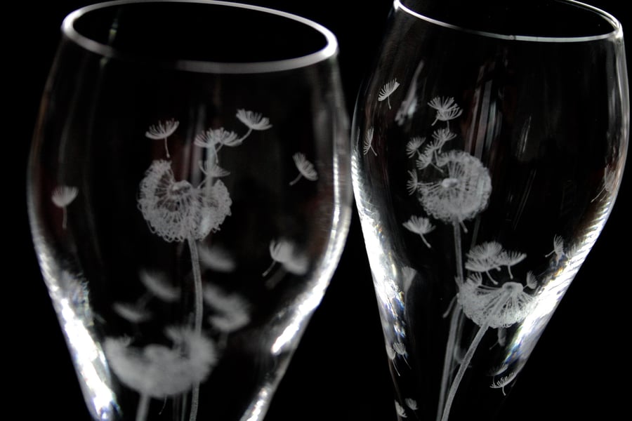 Pair of Dandelion Hand Engraved Prosecco Glasses