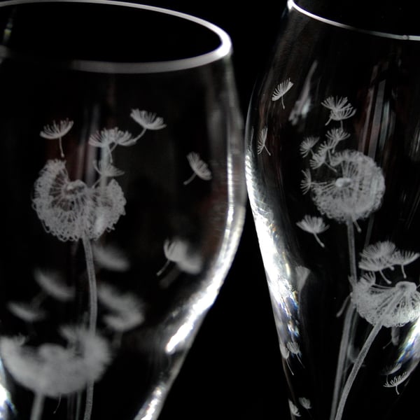 Pair of Dandelion Hand Engraved Prosecco Glasses