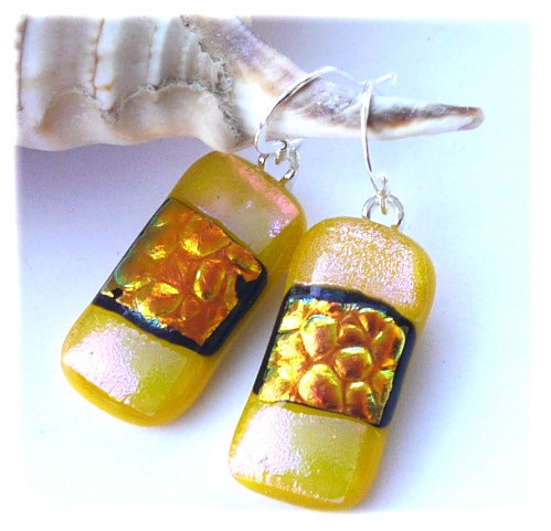 Handmade Fused Dichroic Glass Earrings T021 Yellow Gold Bubbles
